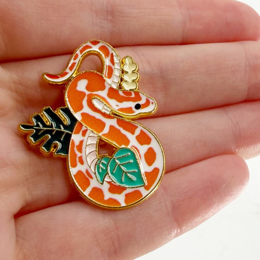 Cute Snake Enamel Pin Orange White Reptile Botanical Nature Soft Enamel